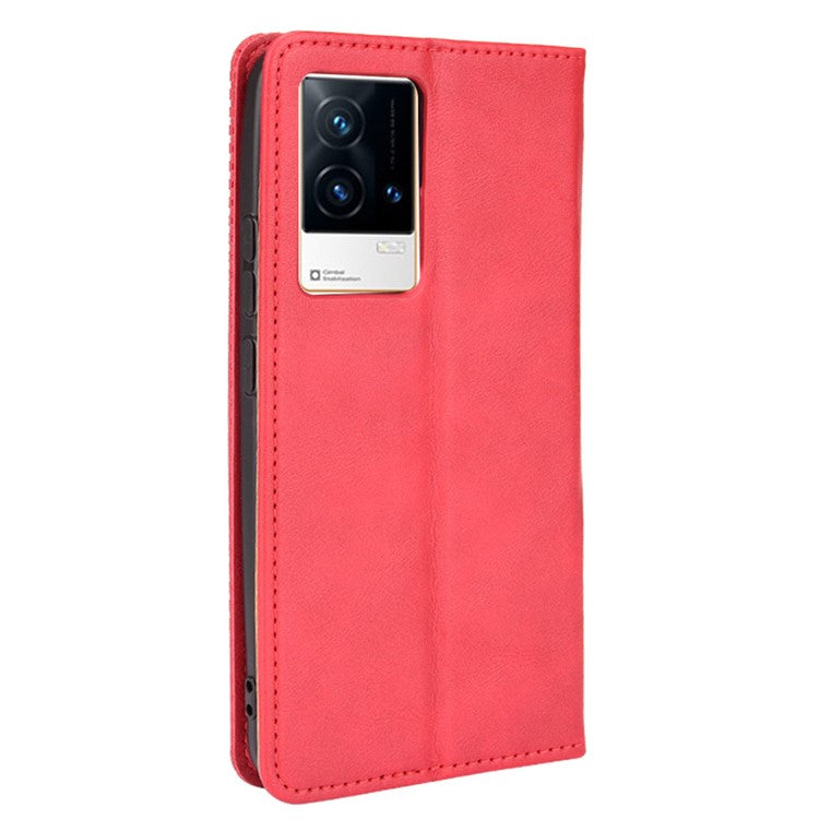 Retro Textured Surface Anti-Drop Phone Leather Case Wallet Stand Cover for vivo iQOO 8 - Red