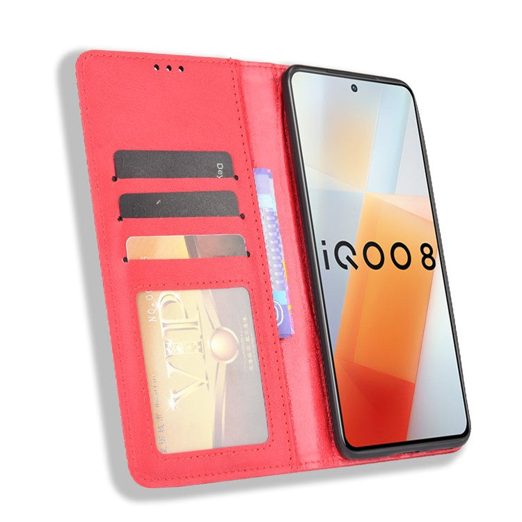 Retro Textured Surface Anti-Drop Phone Leather Case Wallet Stand Cover for vivo iQOO 8 - Red