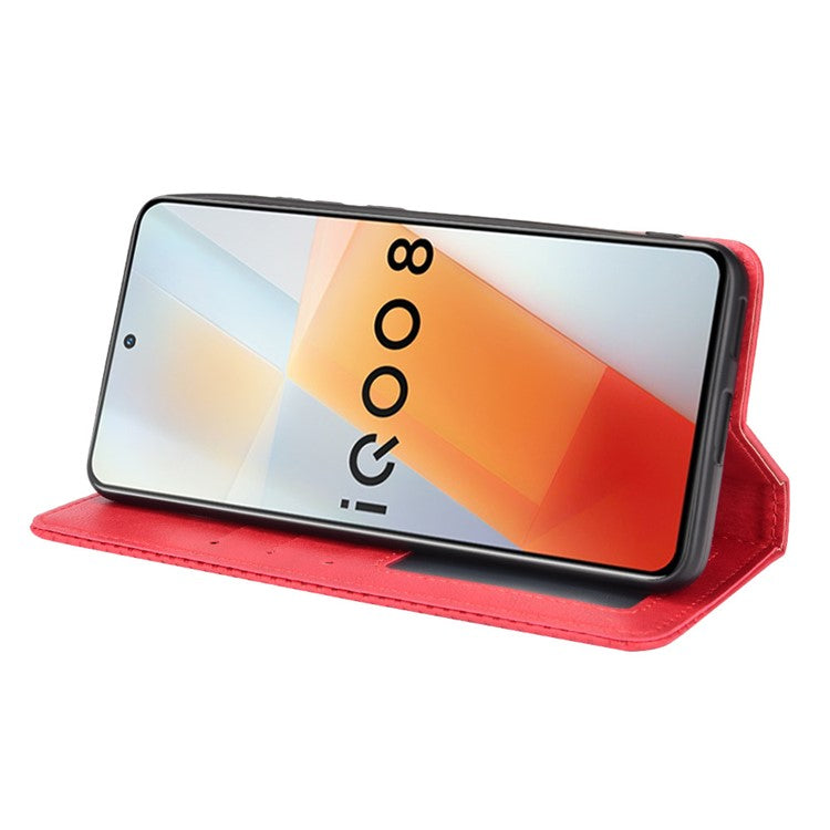 Retro Textured Surface Anti-Drop Phone Leather Case Wallet Stand Cover for vivo iQOO 8 - Red