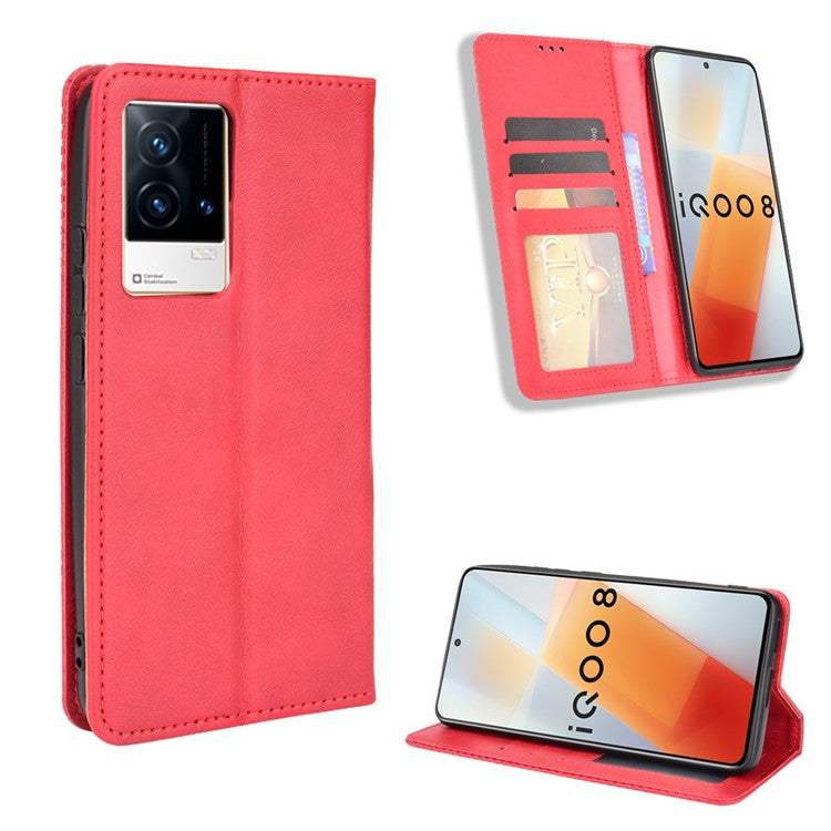 Retro Textured Surface Anti-Drop Phone Leather Case Wallet Stand Cover for vivo iQOO 8 - Red