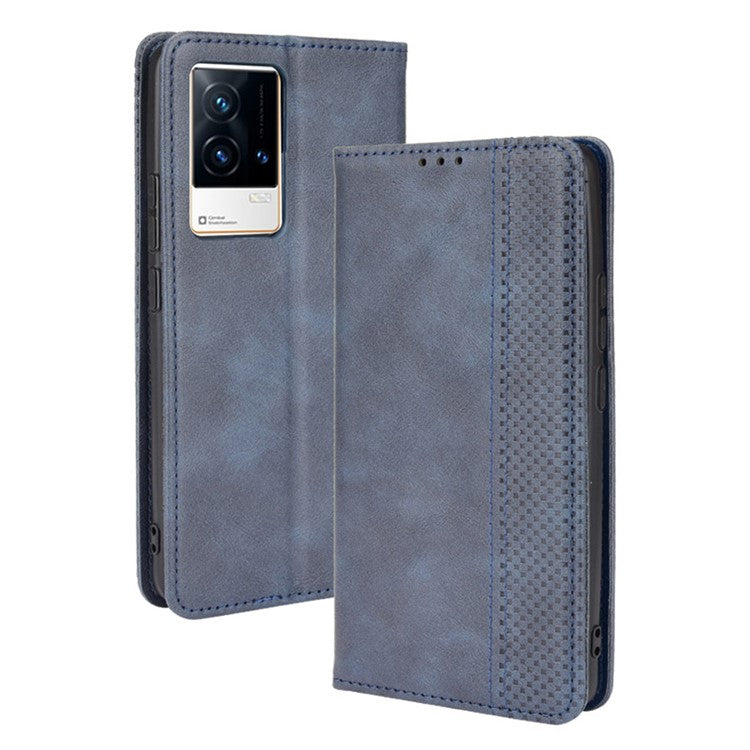 Retro Textured Surface Anti-Drop Phone Leather Case Wallet Stand Cover for vivo iQOO 8 - Blue