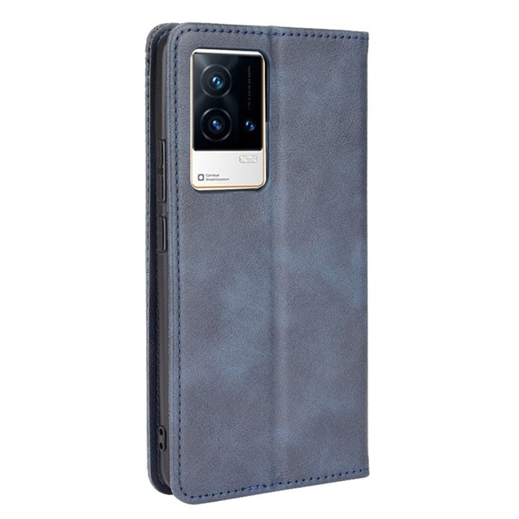 Retro Textured Surface Anti-Drop Phone Leather Case Wallet Stand Cover for vivo iQOO 8 - Blue