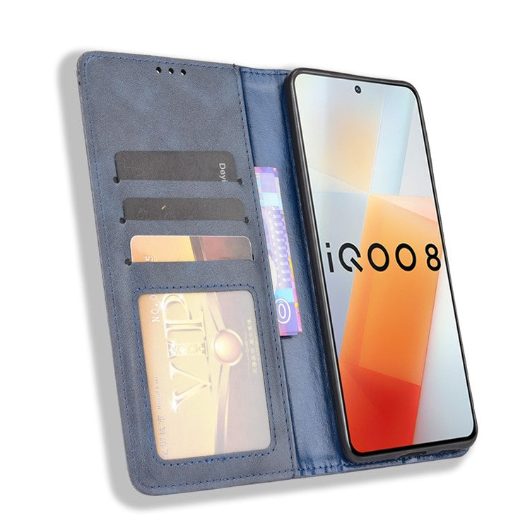 Retro Textured Surface Anti-Drop Phone Leather Case Wallet Stand Cover for vivo iQOO 8 - Blue