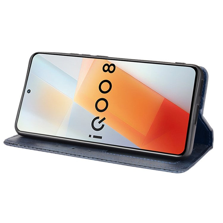 Retro Textured Surface Anti-Drop Phone Leather Case Wallet Stand Cover for vivo iQOO 8 - Blue