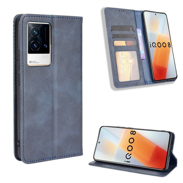 Retro Textured Surface Anti-Drop Phone Leather Case Wallet Stand Cover for vivo iQOO 8 - Blue