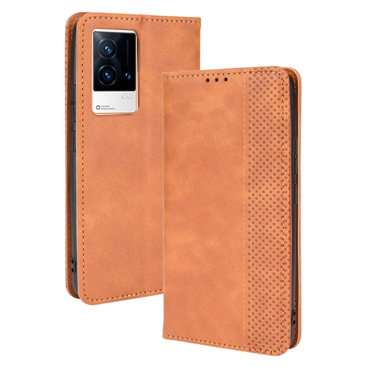 Retro Textured Surface Anti-Drop Phone Leather Case Wallet Stand Cover for vivo iQOO 8 - Brown