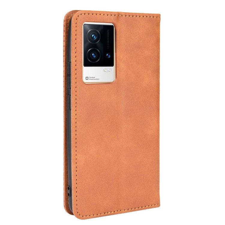 Retro Textured Surface Anti-Drop Phone Leather Case Wallet Stand Cover for vivo iQOO 8 - Brown