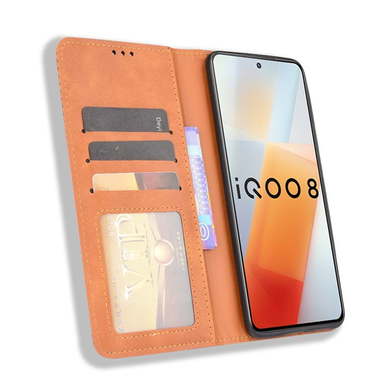 Retro Textured Surface Anti-Drop Phone Leather Case Wallet Stand Cover for vivo iQOO 8 - Brown