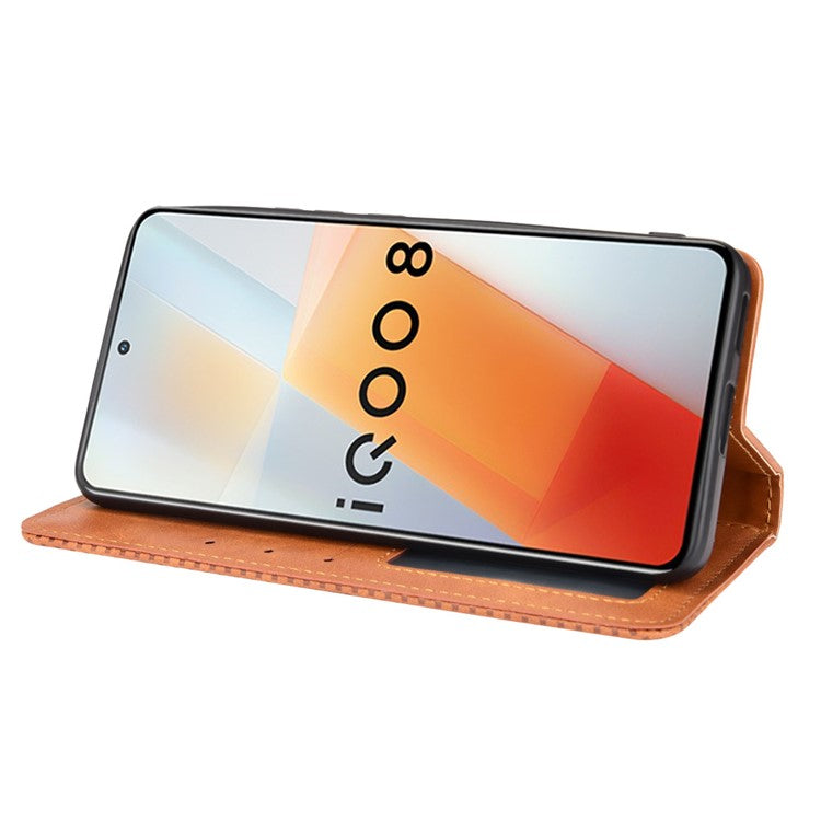 Retro Textured Surface Anti-Drop Phone Leather Case Wallet Stand Cover for vivo iQOO 8 - Brown