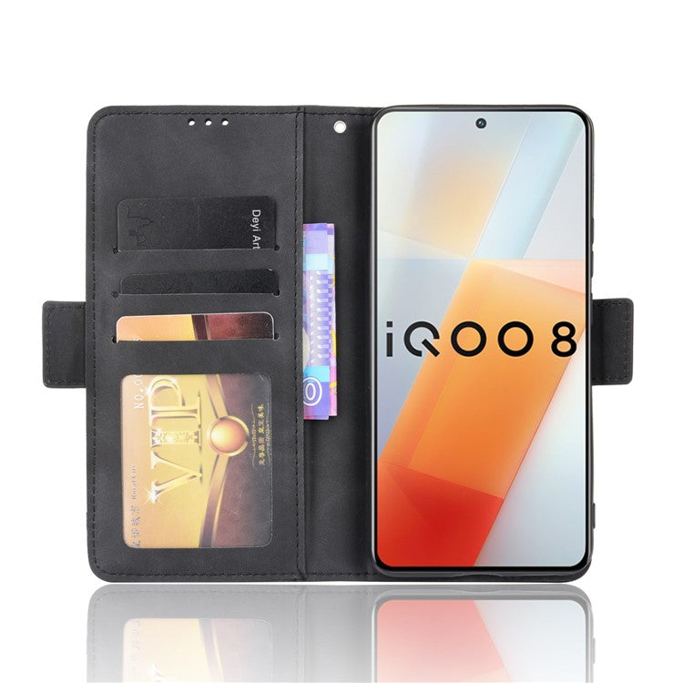 Multiple Card Slot Design Flip Phone Case PU Leather Wallet Cover Protector for vivo iQOO 8 - Black