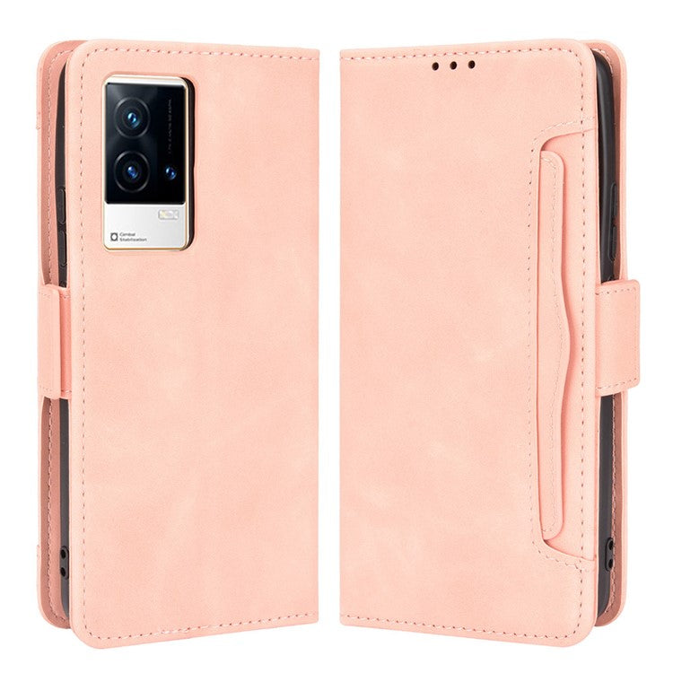 Multiple Card Slot Design Flip Phone Case PU Leather Wallet Cover Protector for vivo iQOO 8 - Pink