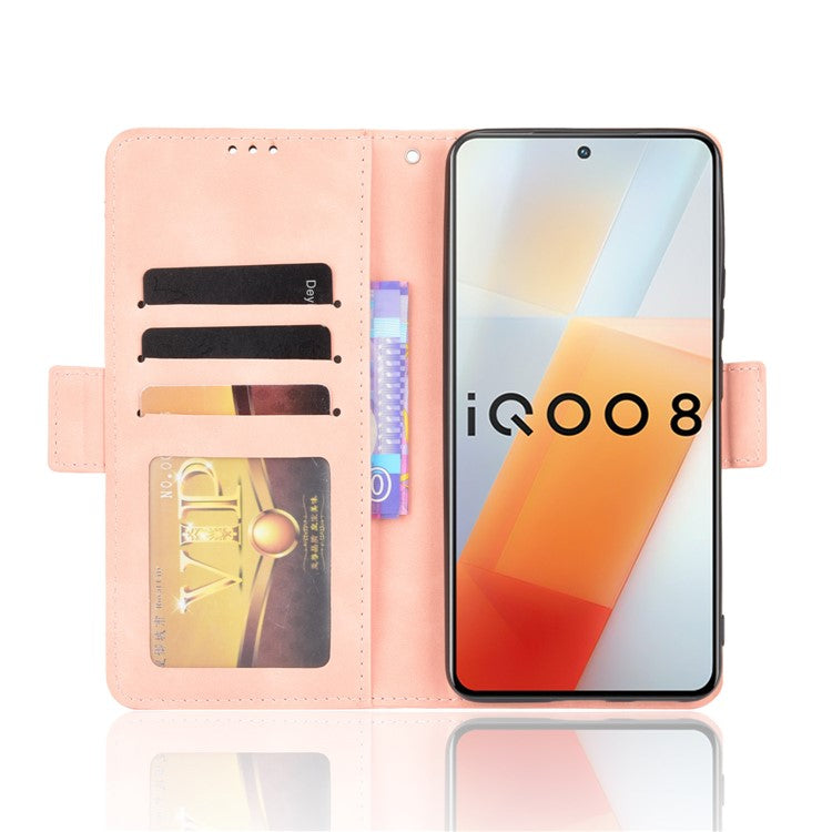 Multiple Card Slot Design Flip Phone Case PU Leather Wallet Cover Protector for vivo iQOO 8 - Pink