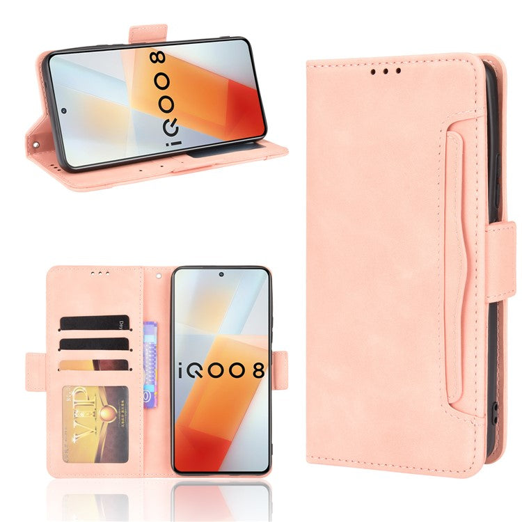 Multiple Card Slot Design Flip Phone Case PU Leather Wallet Cover Protector for vivo iQOO 8 - Pink