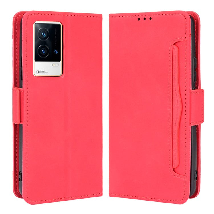 Multiple Card Slot Design Flip Phone Case PU Leather Wallet Cover Protector for vivo iQOO 8 - Red