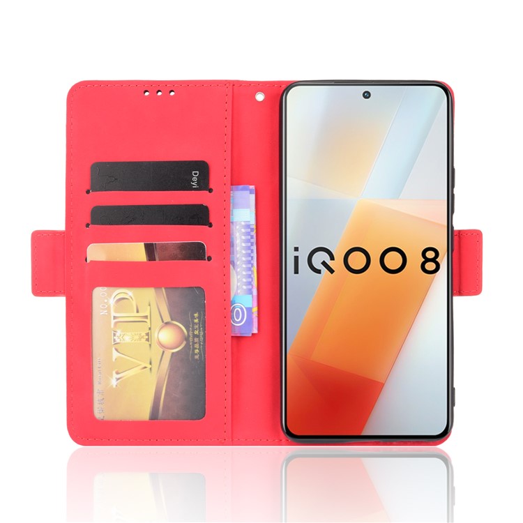 Multiple Card Slot Design Flip Phone Case PU Leather Wallet Cover Protector for vivo iQOO 8 - Red