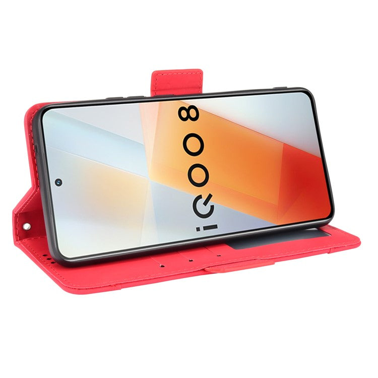 Multiple Card Slot Design Flip Phone Case PU Leather Wallet Cover Protector for vivo iQOO 8 - Red