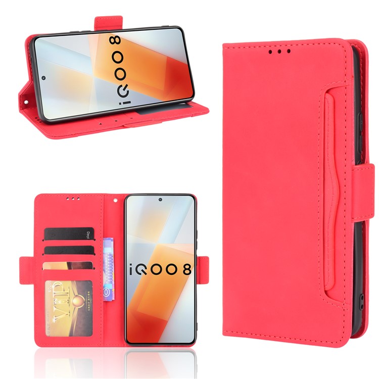 Multiple Card Slot Design Flip Phone Case PU Leather Wallet Cover Protector for vivo iQOO 8 - Red