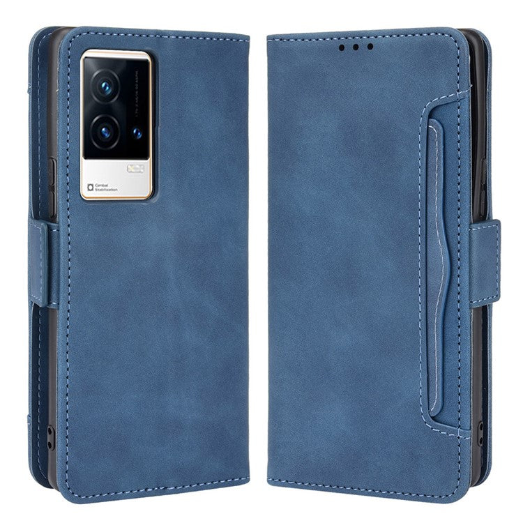 Multiple Card Slot Design Flip Phone Case PU Leather Wallet Cover Protector for vivo iQOO 8 - Blue