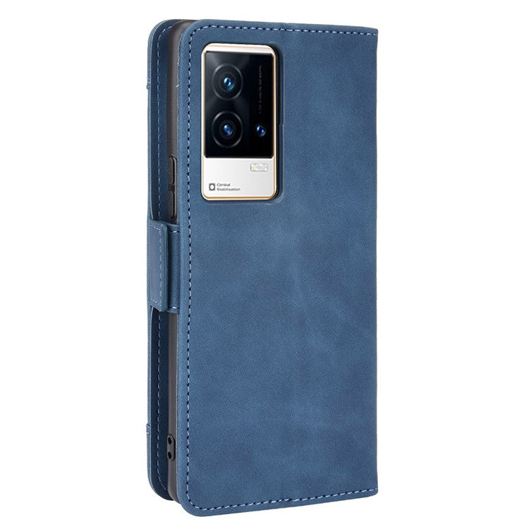 Multiple Card Slot Design Flip Phone Case PU Leather Wallet Cover Protector for vivo iQOO 8 - Blue