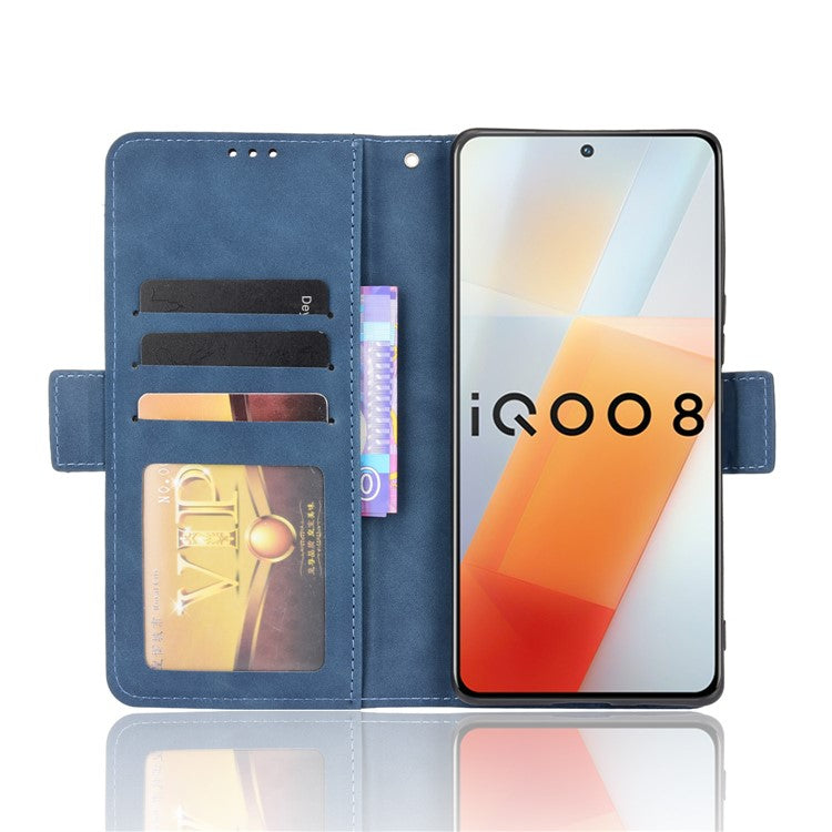 Multiple Card Slot Design Flip Phone Case PU Leather Wallet Cover Protector for vivo iQOO 8 - Blue