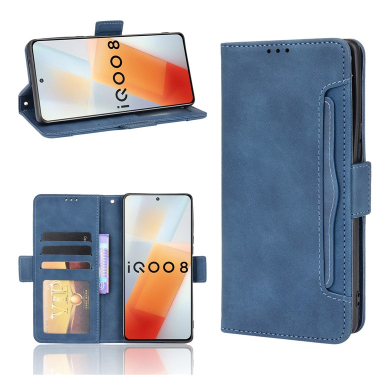 Multiple Card Slot Design Flip Phone Case PU Leather Wallet Cover Protector for vivo iQOO 8 - Blue