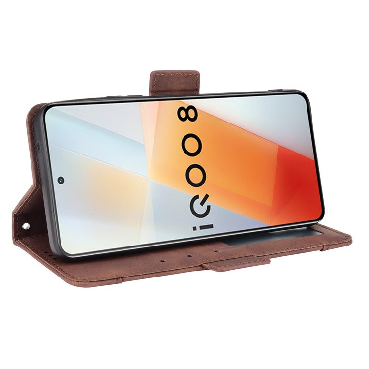 Multiple Card Slot Design Flip Phone Case PU Leather Wallet Cover Protector for vivo iQOO 8 - Brown