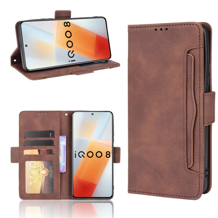 Multiple Card Slot Design Flip Phone Case PU Leather Wallet Cover Protector for vivo iQOO 8 - Brown