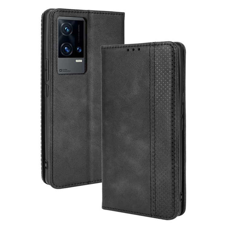 Wallet Design Retro Textured Surface Anti-Drop Phone Leather Case Stand Cover for vivo iQOO 8 Pro - Black