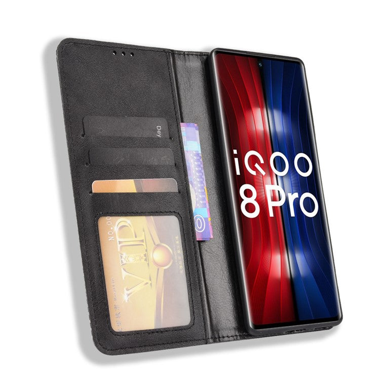 Wallet Design Retro Textured Surface Anti-Drop Phone Leather Case Stand Cover for vivo iQOO 8 Pro - Black