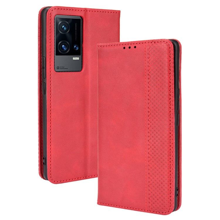 Wallet Design Retro Textured Surface Anti-Drop Phone Leather Case Stand Cover for vivo iQOO 8 Pro - Red