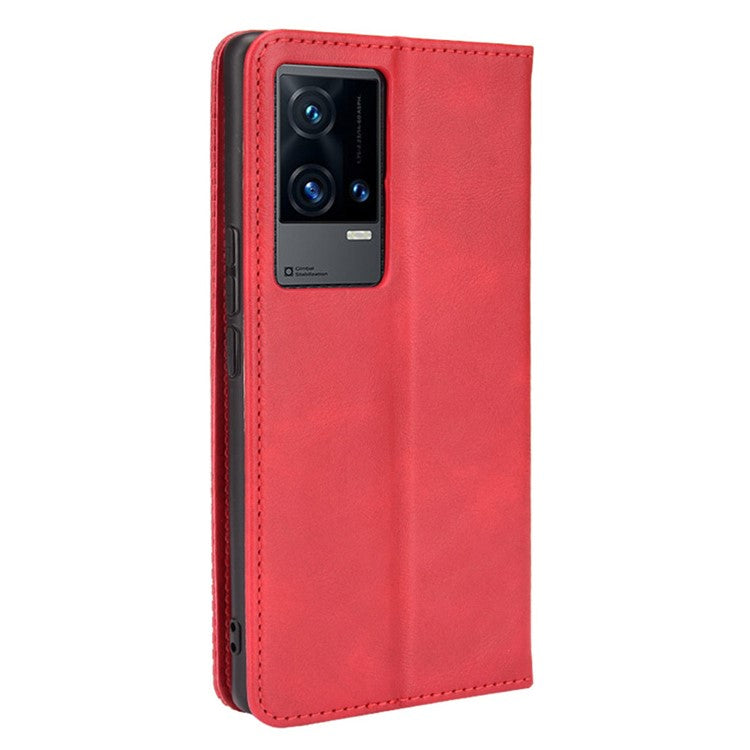 Wallet Design Retro Textured Surface Anti-Drop Phone Leather Case Stand Cover for vivo iQOO 8 Pro - Red