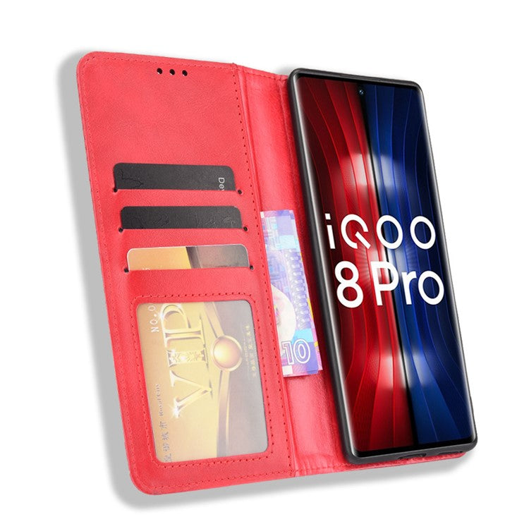 Wallet Design Retro Textured Surface Anti-Drop Phone Leather Case Stand Cover for vivo iQOO 8 Pro - Red