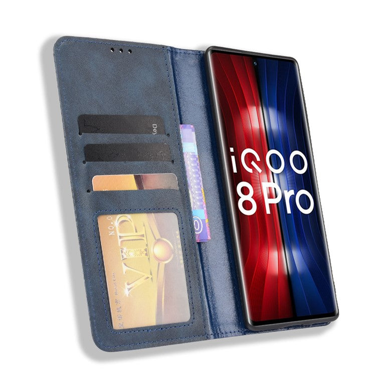 Wallet Design Retro Textured Surface Anti-Drop Phone Leather Case Stand Cover for vivo iQOO 8 Pro - Blue