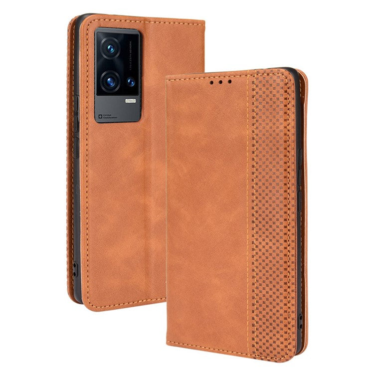 Wallet Design Retro Textured Surface Anti-Drop Phone Leather Case Stand Cover for vivo iQOO 8 Pro - Brown