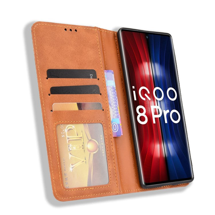 Wallet Design Retro Textured Surface Anti-Drop Phone Leather Case Stand Cover for vivo iQOO 8 Pro - Brown