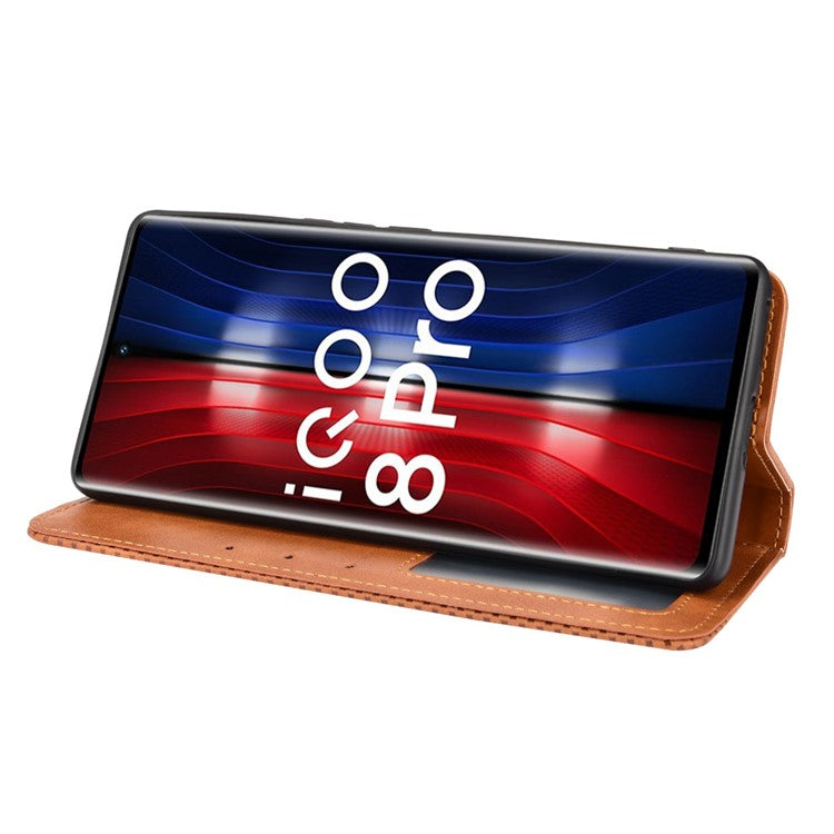 Wallet Design Retro Textured Surface Anti-Drop Phone Leather Case Stand Cover for vivo iQOO 8 Pro - Brown