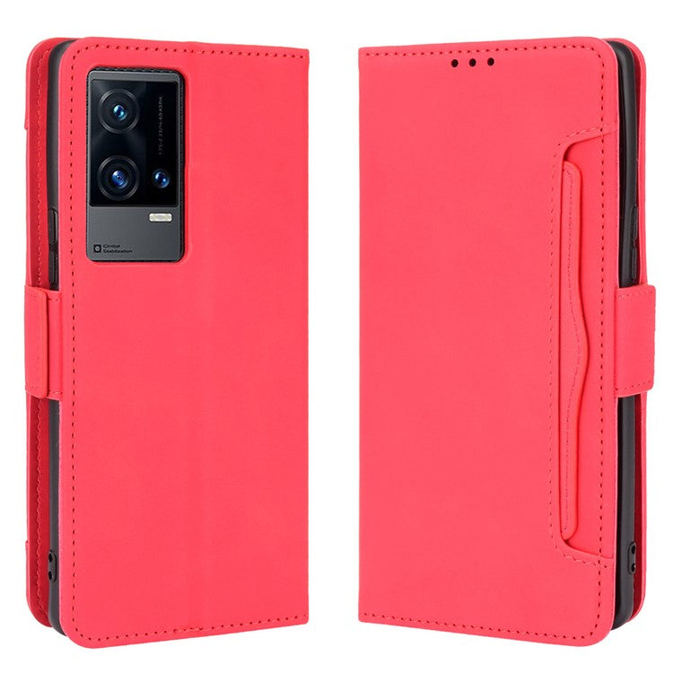 Flip Phone Case Multiple Card Slot Design PU Leather Wallet Cover Protector for vivo iQOO 8 Pro - Red