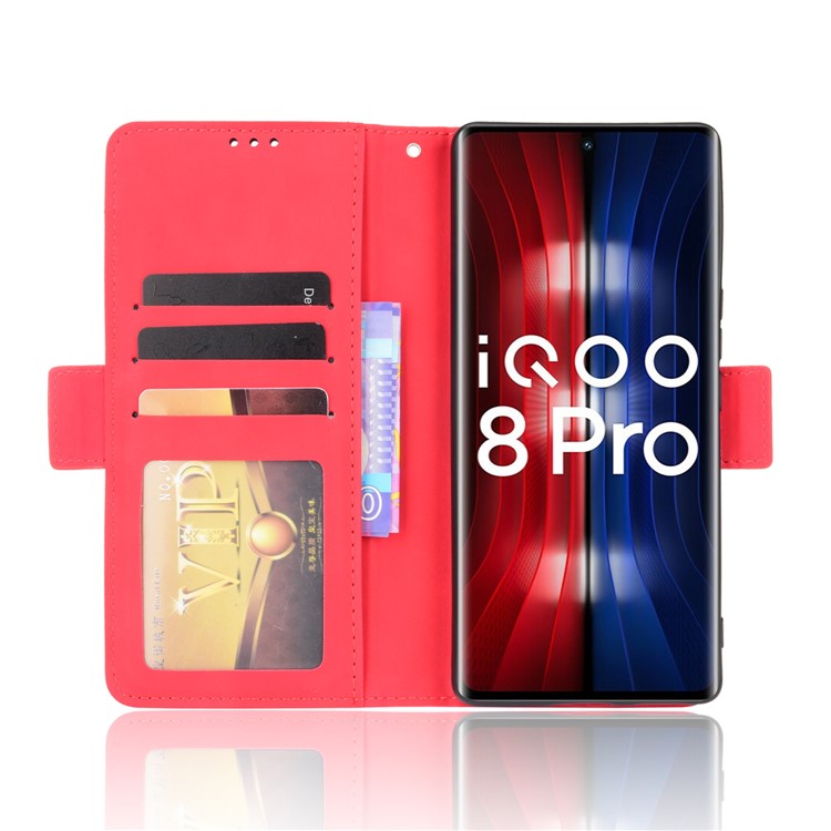 Flip Phone Case Multiple Card Slot Design PU Leather Wallet Cover Protector for vivo iQOO 8 Pro - Red