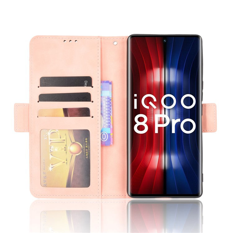 Flip Phone Case Multiple Card Slot Design PU Leather Wallet Cover Protector for vivo iQOO 8 Pro - Pink