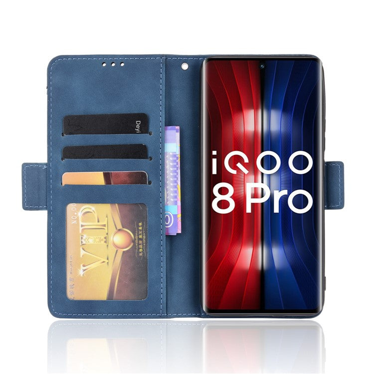 Flip Phone Case Multiple Card Slot Design PU Leather Wallet Cover Protector for vivo iQOO 8 Pro - Blue