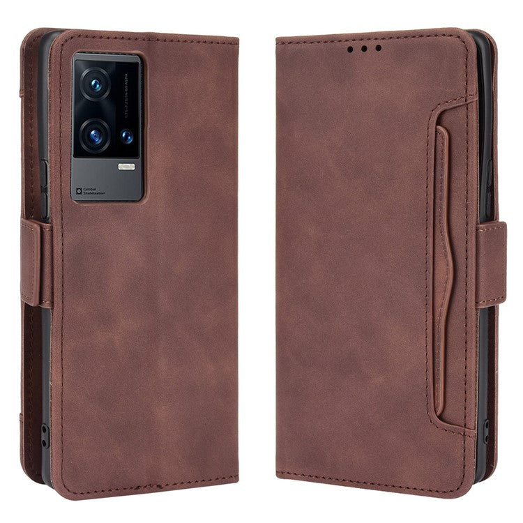 Flip Phone Case Multiple Card Slot Design PU Leather Wallet Cover Protector for vivo iQOO 8 Pro - Brown