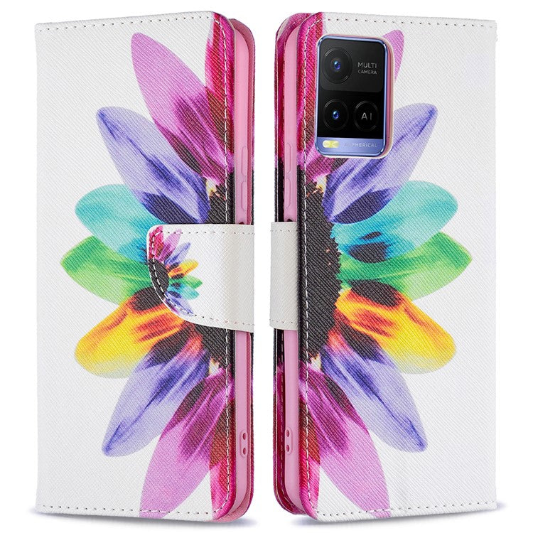 Pattern Printing PU Leather Phone Case Stand Book Design Flip Folio Cover with Wallet for vivo Y21 - Sunflower