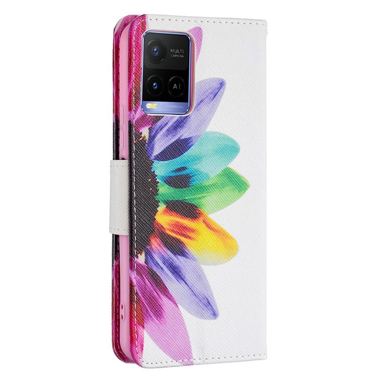 Pattern Printing PU Leather Phone Case Stand Book Design Flip Folio Cover with Wallet for vivo Y21 - Sunflower