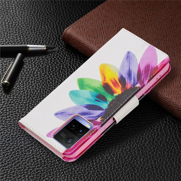 Pattern Printing PU Leather Phone Case Stand Book Design Flip Folio Cover with Wallet for vivo Y21 - Sunflower