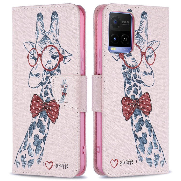 Pattern Printing PU Leather Phone Case Stand Book Design Flip Folio Cover with Wallet for vivo Y21 - Giraffe