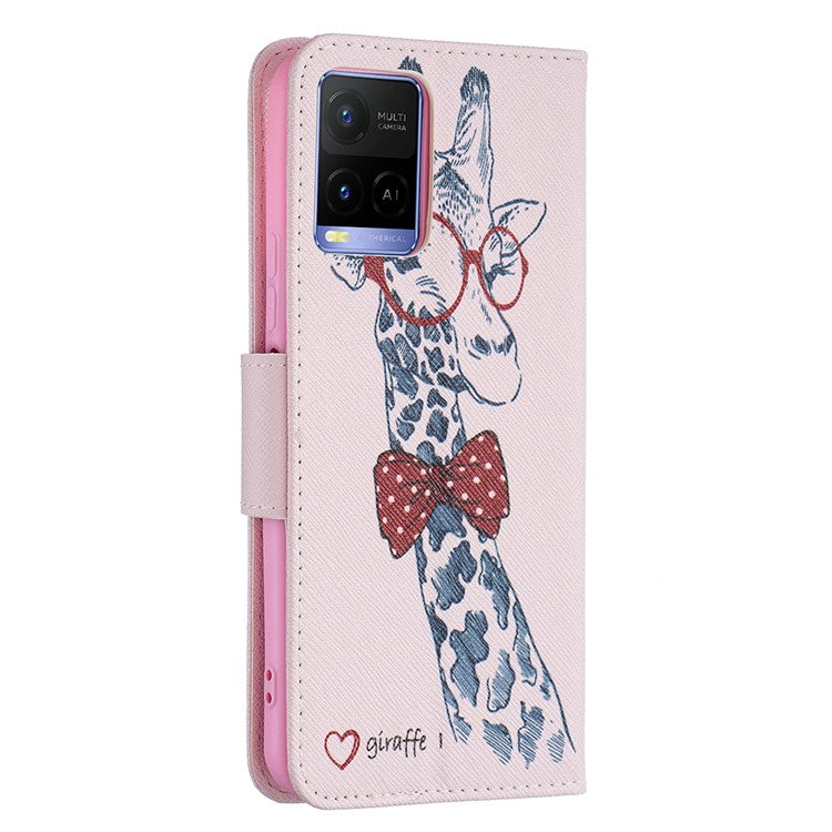 Pattern Printing PU Leather Phone Case Stand Book Design Flip Folio Cover with Wallet for vivo Y21 - Giraffe