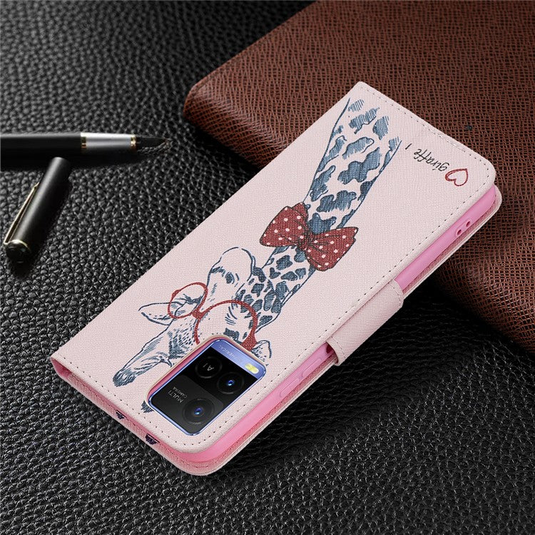 Pattern Printing PU Leather Phone Case Stand Book Design Flip Folio Cover with Wallet for vivo Y21 - Giraffe