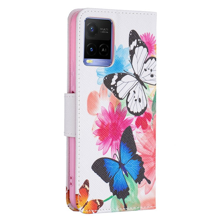 Pattern Printing PU Leather Phone Case Stand Book Design Flip Folio Cover with Wallet for vivo Y21 - Two Butterflies