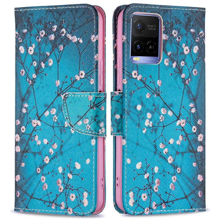 Pattern Printing PU Leather Phone Case Stand Book Design Flip Folio Cover with Wallet for vivo Y21 - Plum Blossom