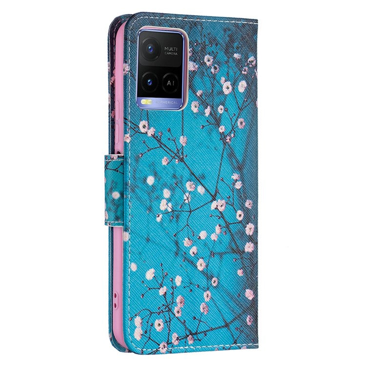 Pattern Printing PU Leather Phone Case Stand Book Design Flip Folio Cover with Wallet for vivo Y21 - Plum Blossom